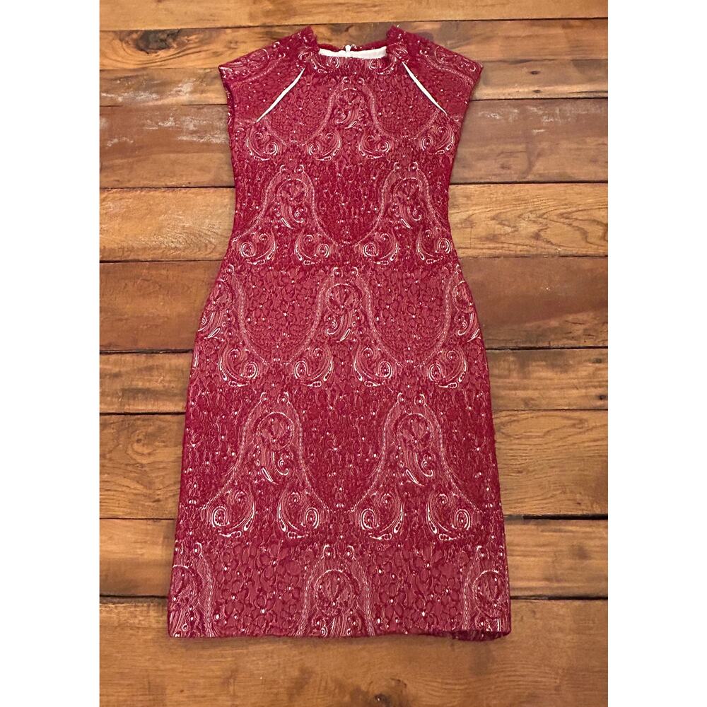 Yigal Azrouel New York Red Paisley Jacquard Dress SZ 2 Lambskin Leather Underlay